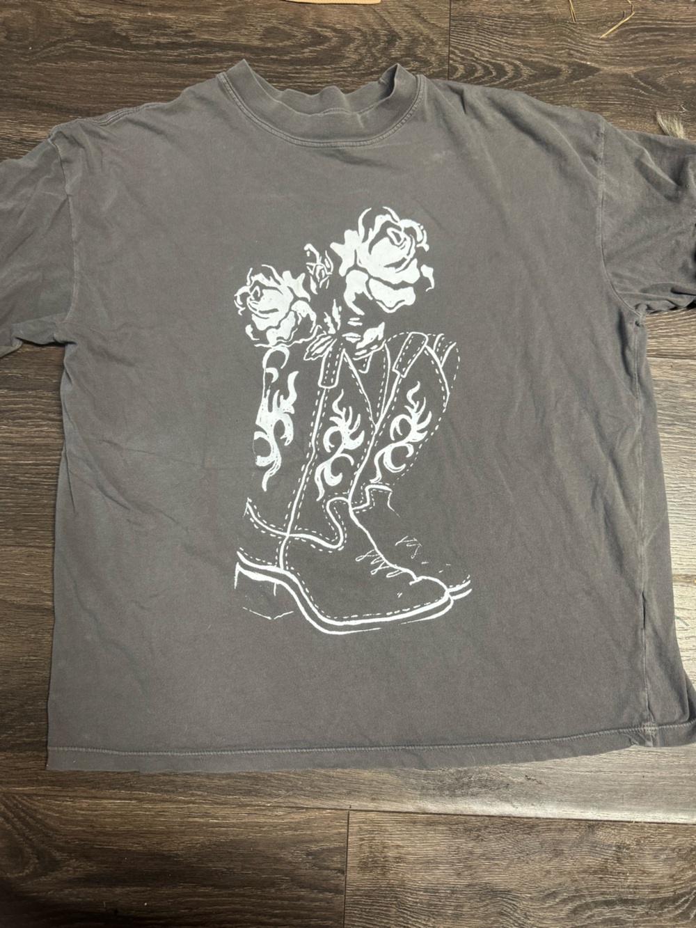 Altar’d State Graphic Cowboy Boot Tee with Rose Print - White on Charcoal